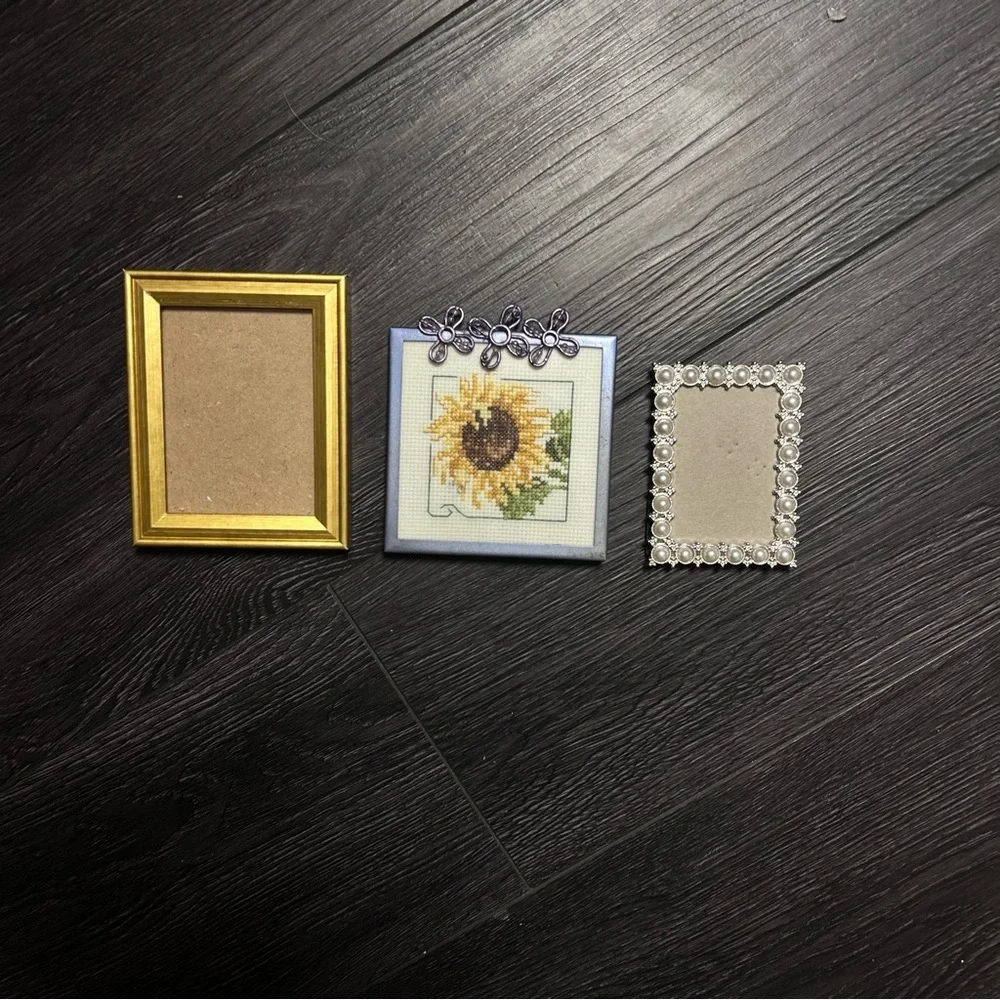 Vintage Mini Decorative Photo Frames Lot — Sunflower Cross Stitch + Pearl & Gold